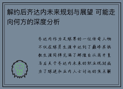 解约后齐达内未来规划与展望 可能走向何方的深度分析